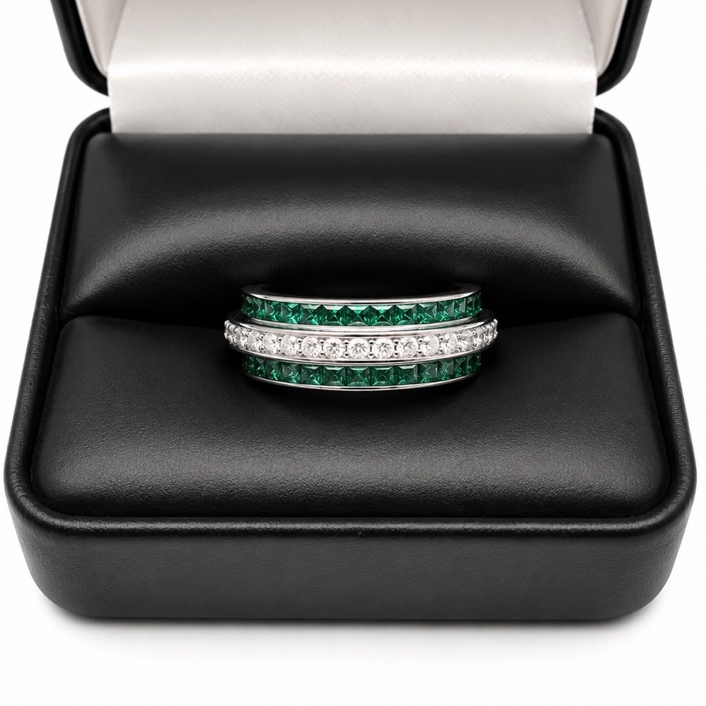 925 Sterling Silver Green & White CZ Eternity Spinner Band Ring Size 6 or 7